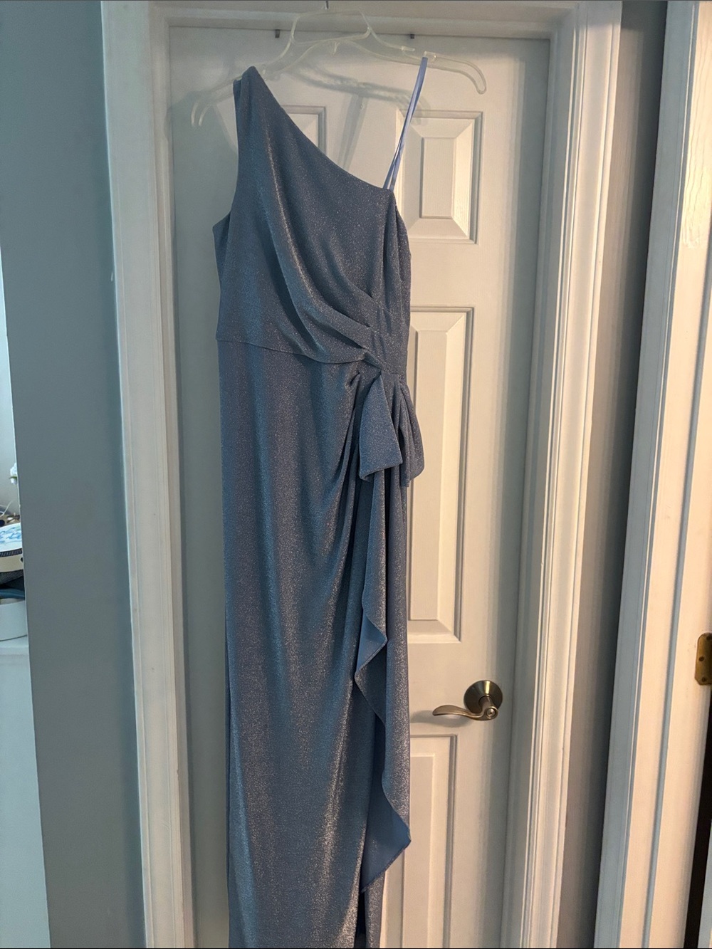 One-Shoulder Blue Sparkle Mother of Bride Dress
